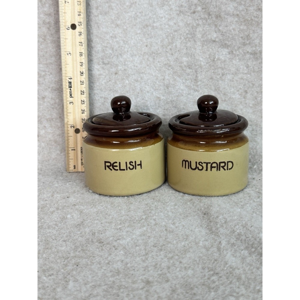 Vintage Set Of 2 Stoneware lidded Condiments -Mustard & Relish.
